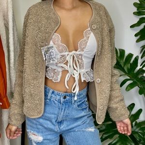 XS Uniqlo brown/tan pile lined fleece crew neck cardigan